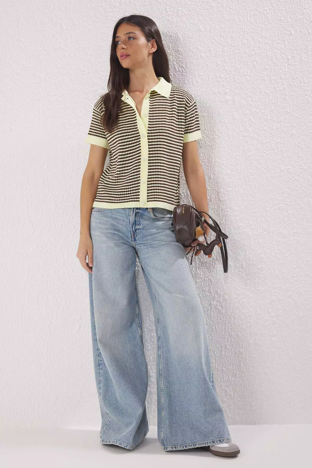 Yellow Polo Collar Striped Knitwear Medium Blouse Twoss25Bz00183