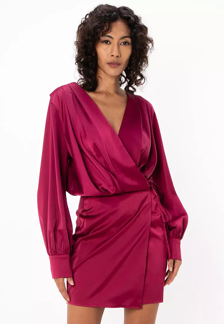 Satin wrap mini dress online