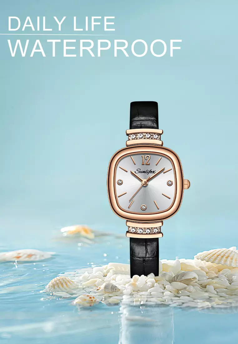 8001 Jam Tangan Wanita Original Berlian Gaya Antik Anggun Jam Kuarsa Tali Kulit Jam Tangan Cewek black