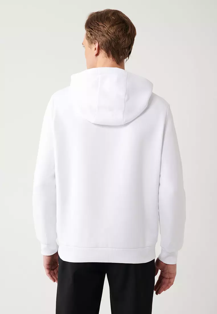 Men's White Hooded 3 Thread Raised Embroidered Sweatshirt A32Y1380