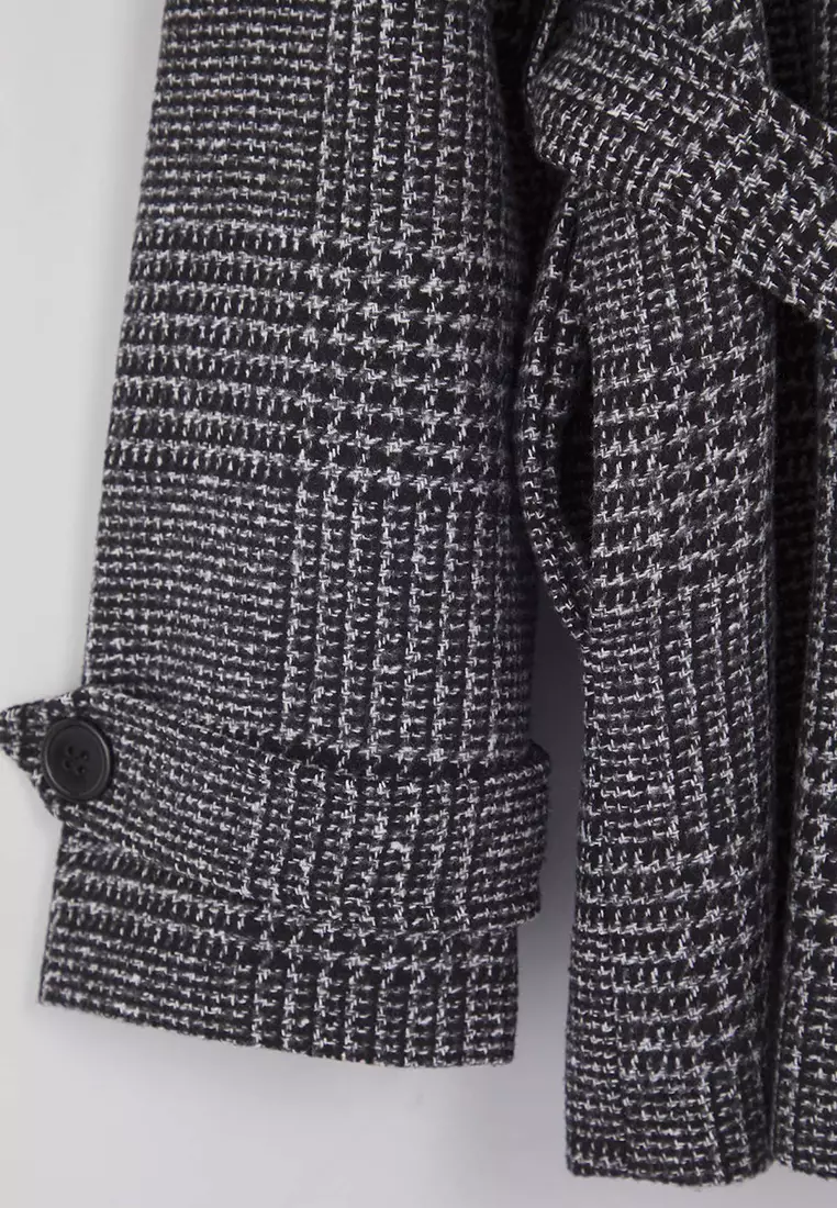 Dark Gray Plaid Pattern Regular Fit Belted Cashmere Slim Plus Size Jacket Coats