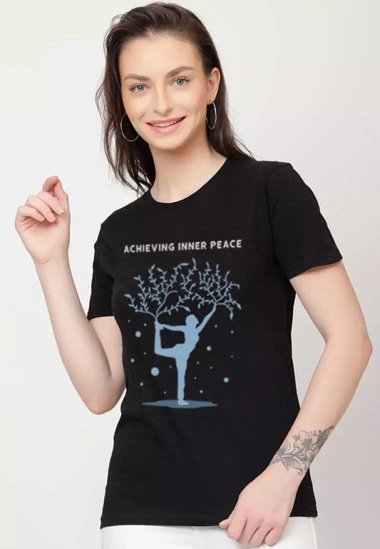 内心平静轻松短袖时尚黑色棉质休闲图案印花 T 恤/T 恤