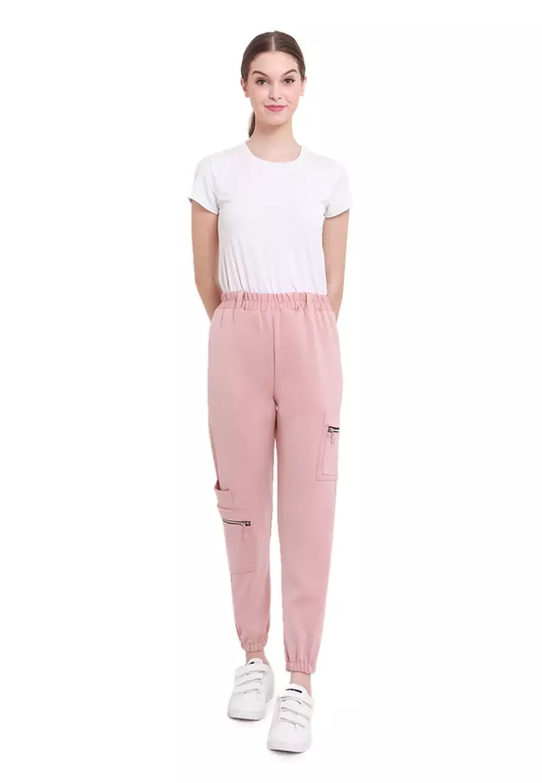 Levana Celana Jogger Zipper Long Pants Rubbery Waist Bawahan Wanita - Dusty Pink