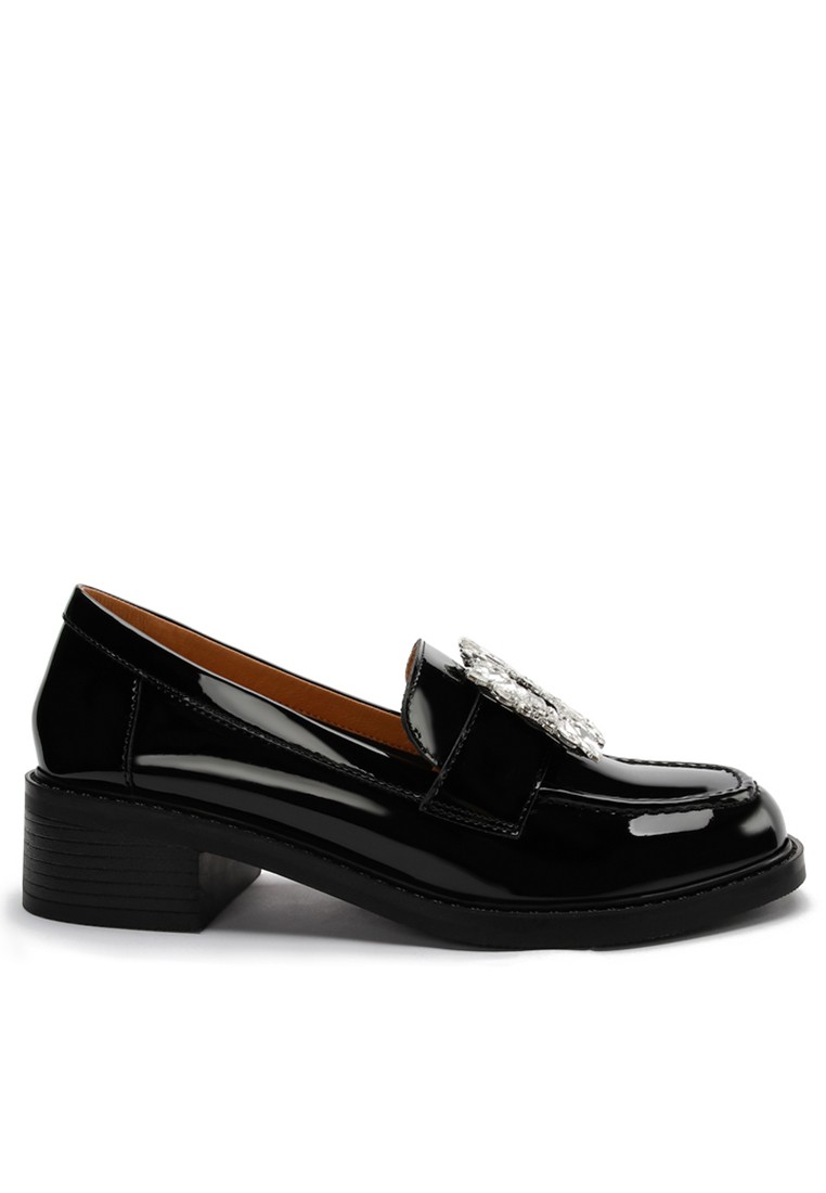 Rhinestone Buckle Glossy Leather Loafer TE912-3