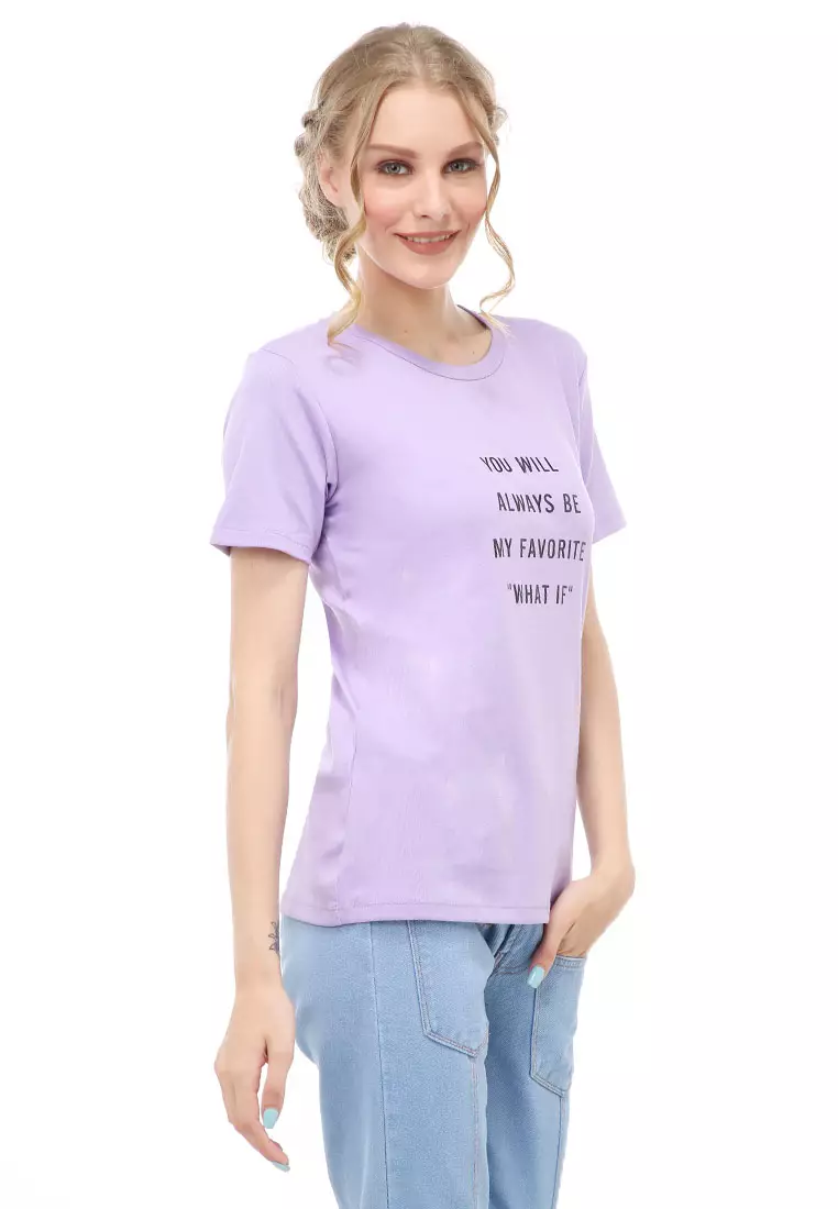Genevie Kaos Kasual Wanita Lengan Pendek You Will Be Material Cotton ORIGINAL - Lilac