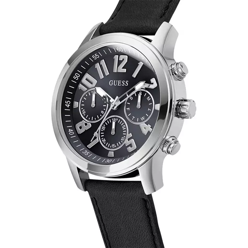 Jam Tangan Pria Guess GW0709G1 Men Multi-function Black Dial Black Leather Strap