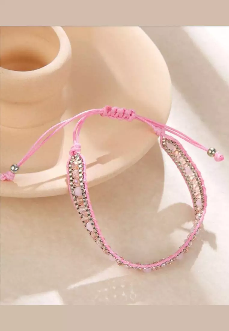 Aksesoris Gelang Wanita Crystals Beads Embellish Macrame Bracelet Pink