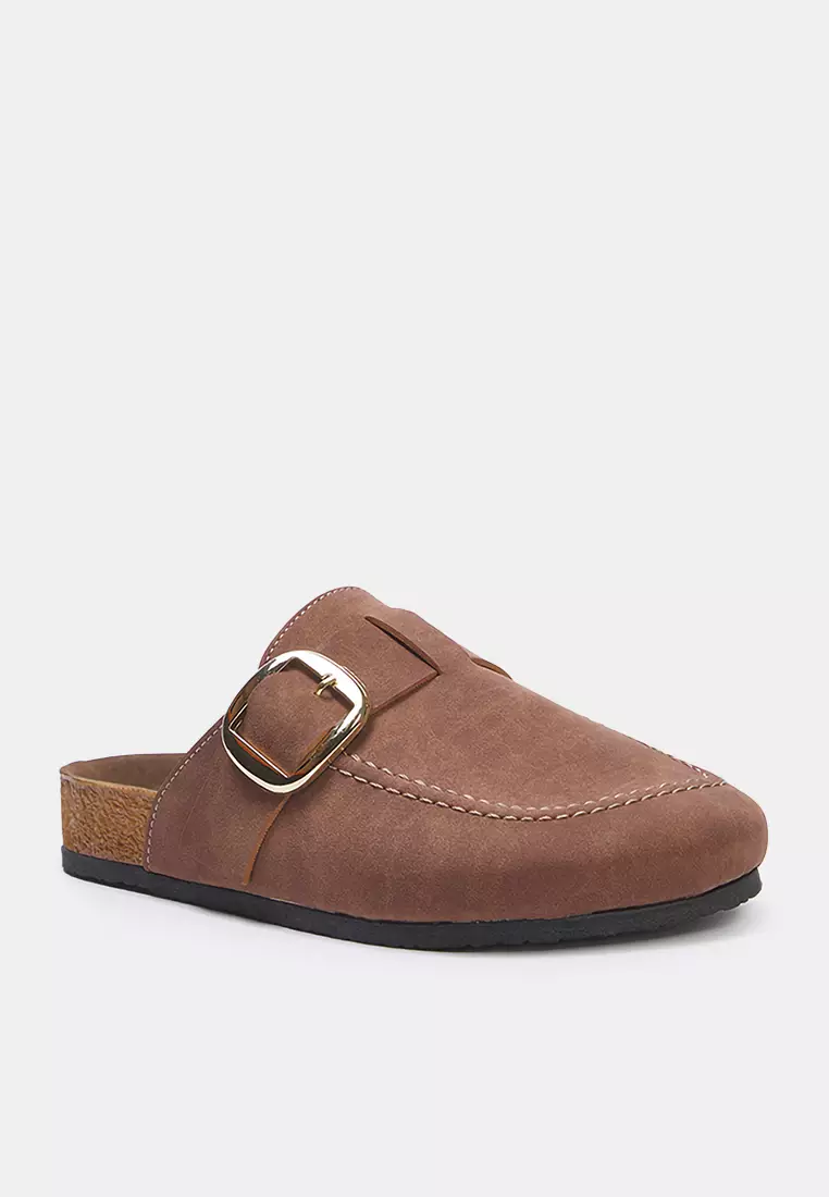 Light Brown Closed Front Belt Buckle Square Toe Flat Women's Sabo Slippers Takss25Te00000