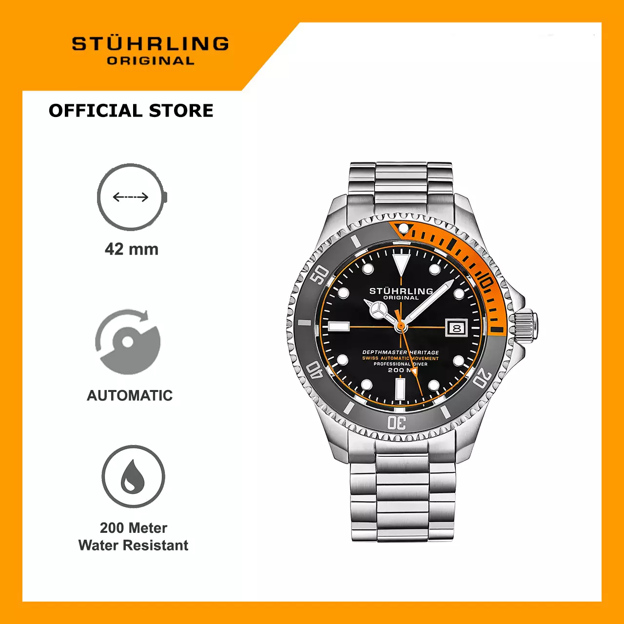 Stuhrling Original Depthmaster Heritage 883H-02 Jam Tangan Pria Diver Automatic Analog
