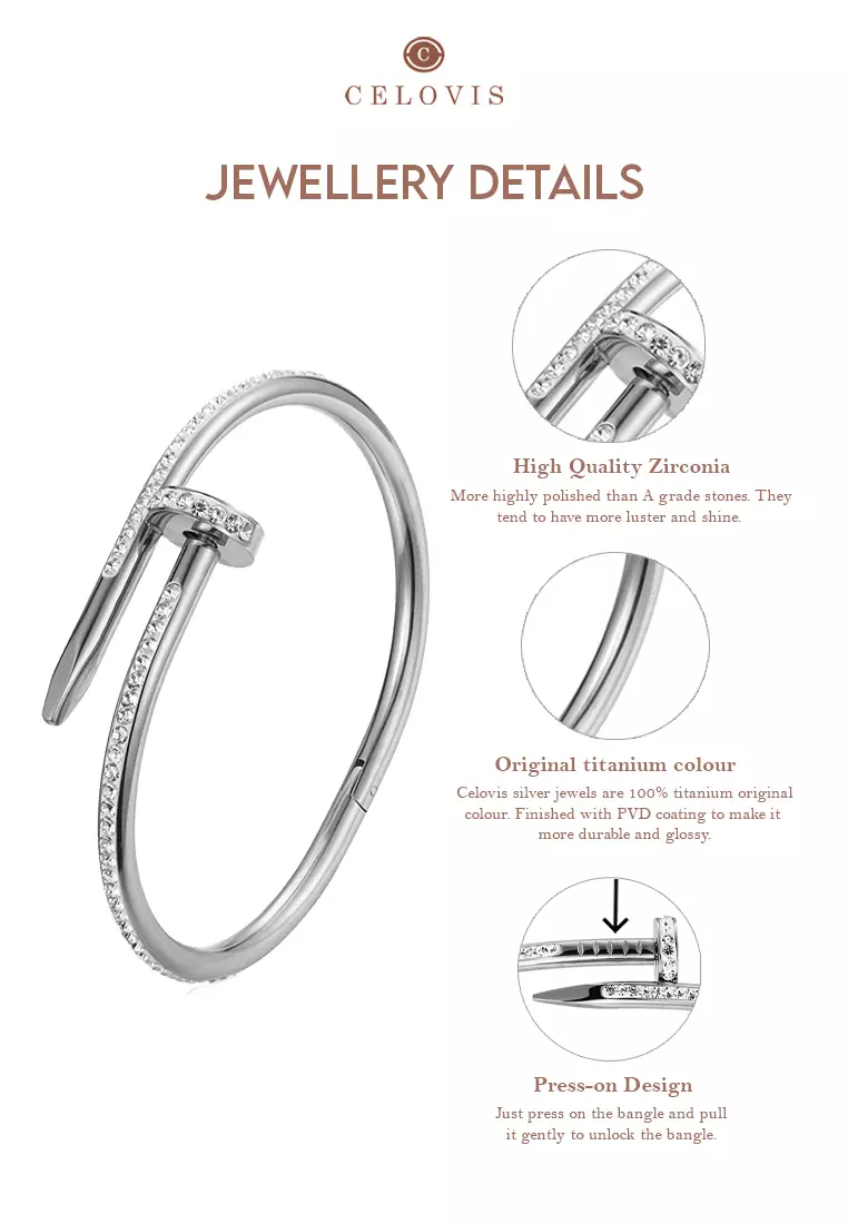 Roxanne Nail Cuff Zirconia Clasp Bangle (Silver)