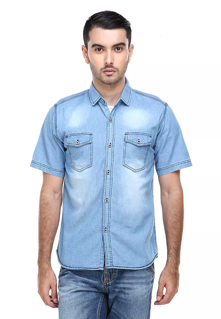 Dwan Casual Shirt Baju Kemeja Jeans Pria Lengan Pendek Material Denim ORIGINAL - Light Blue