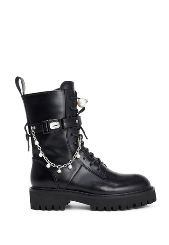 House of Avenues black Ladies Flat Military Boots With Pearl Chain 5563 Black 9BDDESHA883E35GS_1
