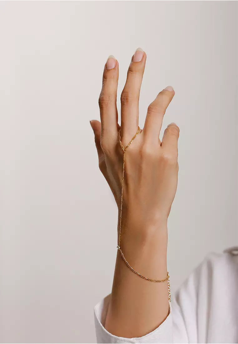 Gelang Perhiasan Perak 925 Wanita Hand Chain Figaro with Crystals Gold Plated