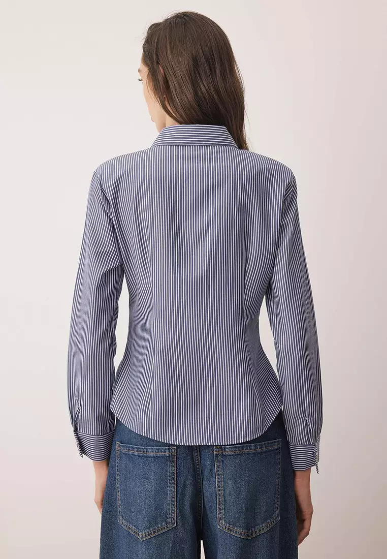 Navy Blue-White Striped Silver Button Detailed Waist-Sit Shirt Twoaw26Go00064