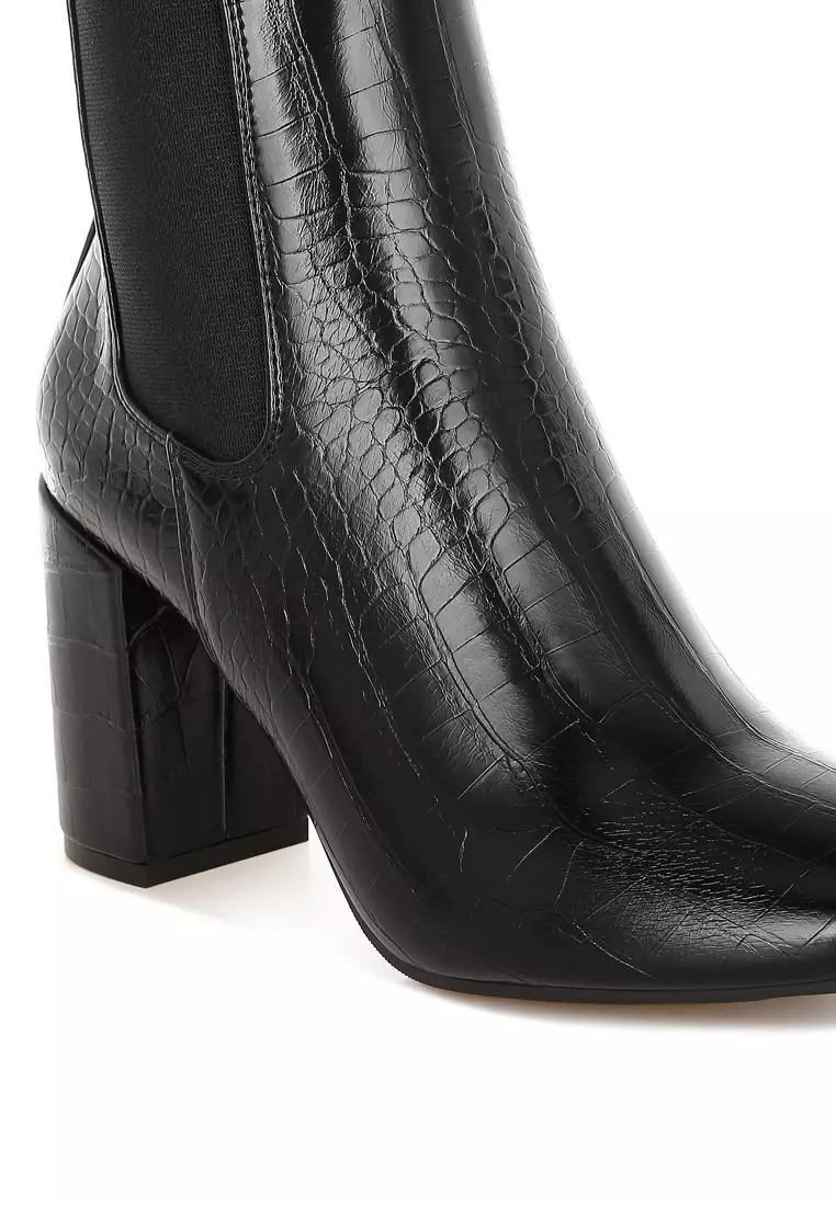 Sepatu Boot Chelsea Bertumit Blok Bertekstur Black Croc