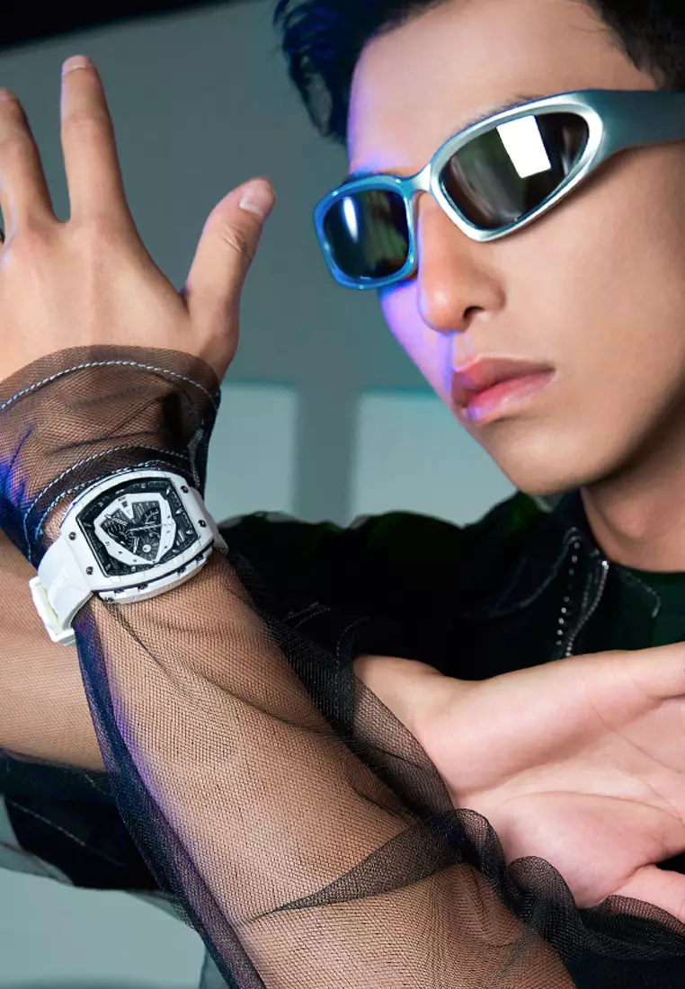 Unisex Barrel Shape Resin Quartz Chronograph Watch, 45mm, Rubber Strap