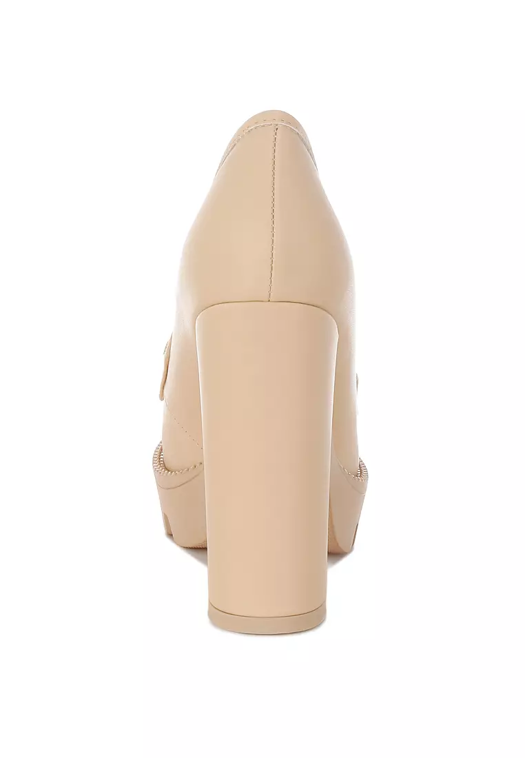 Chunky High Block Heeled Loafers in Beige
