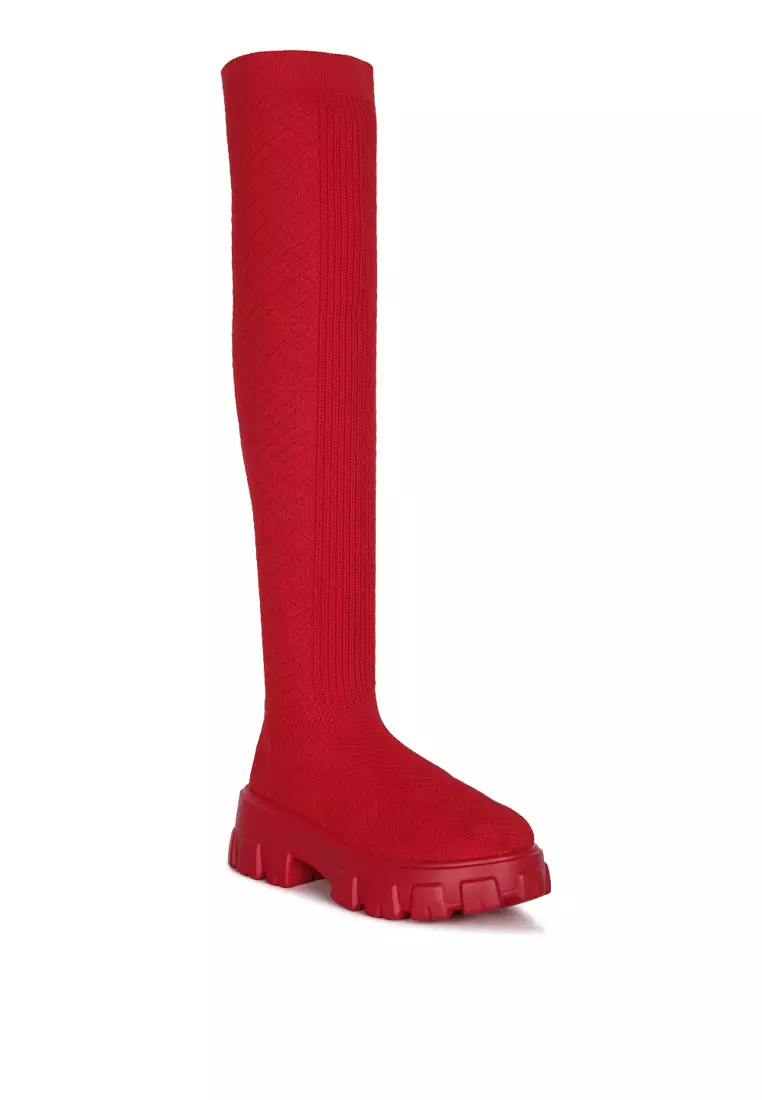 Red flat store knee high boots