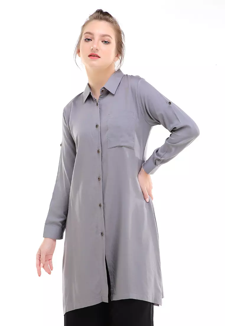 Eleazar Tunik Long Sleeve Motif Solid Design Casual Atasan Wanita Regular Fit - Dark Grey