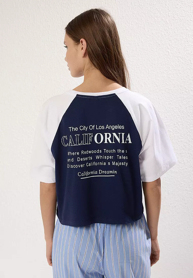 Navy Blue Color Block Slogan Printed Relaxed Crop Knit T-Shirt