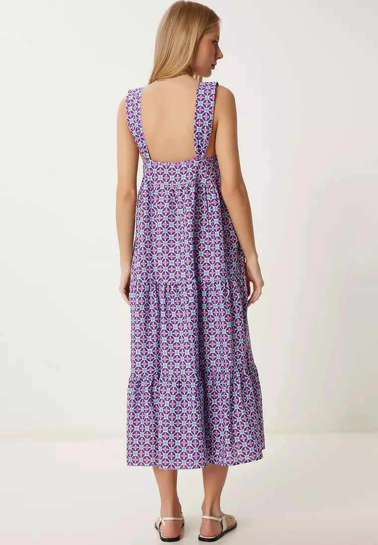Women's Purple Patterned Flounced Summer Dress Fk00024