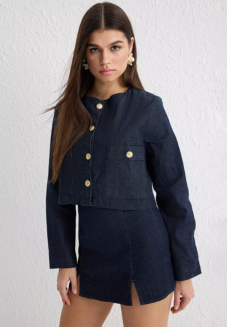 Button Detailed Denim Crop Jacket