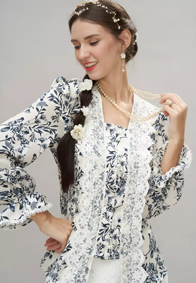 Vintage Blue Floral Lace Trimming Kebaya Top & White Lace Skirt Modern Kurung