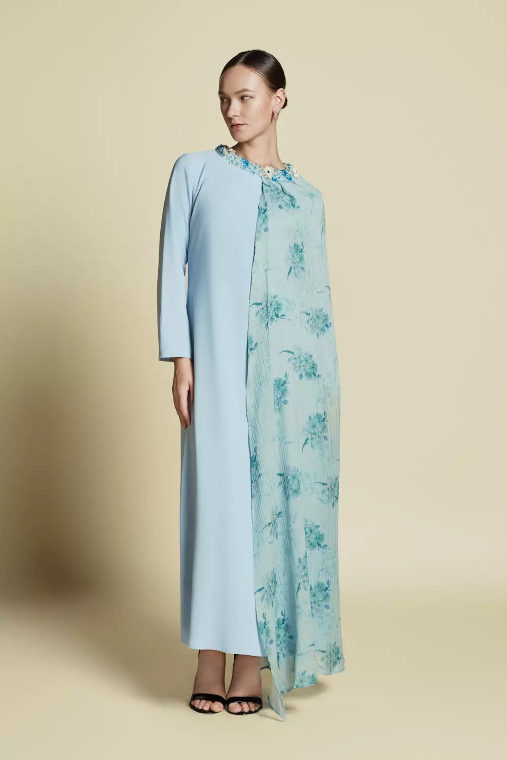 Demure Signature - Asymmetrical Side Cape Kaftan in Silk Pastel Green - Dress
