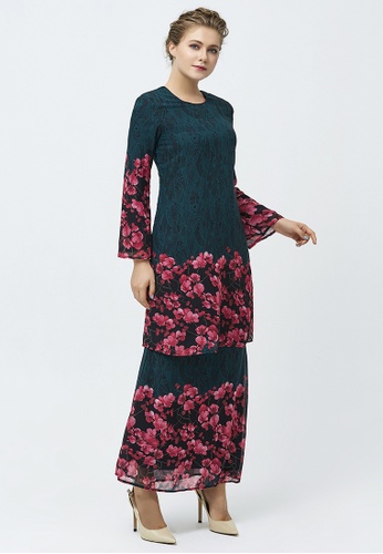 Buy Floraison Emerald Lace Prints Baju Kurung from Era Maya in pink and Green only 259