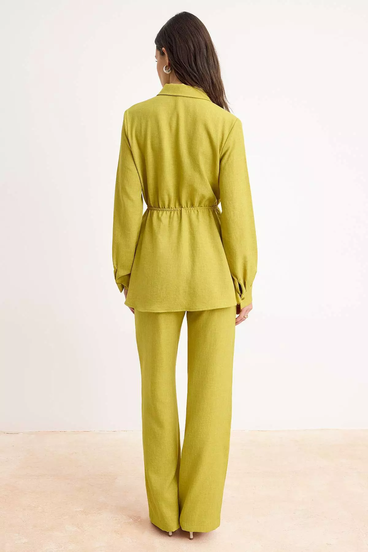 Oil Green Linen Look Tunic Pants Bottom With Tie Detail - Top Set Tctss26Us00032