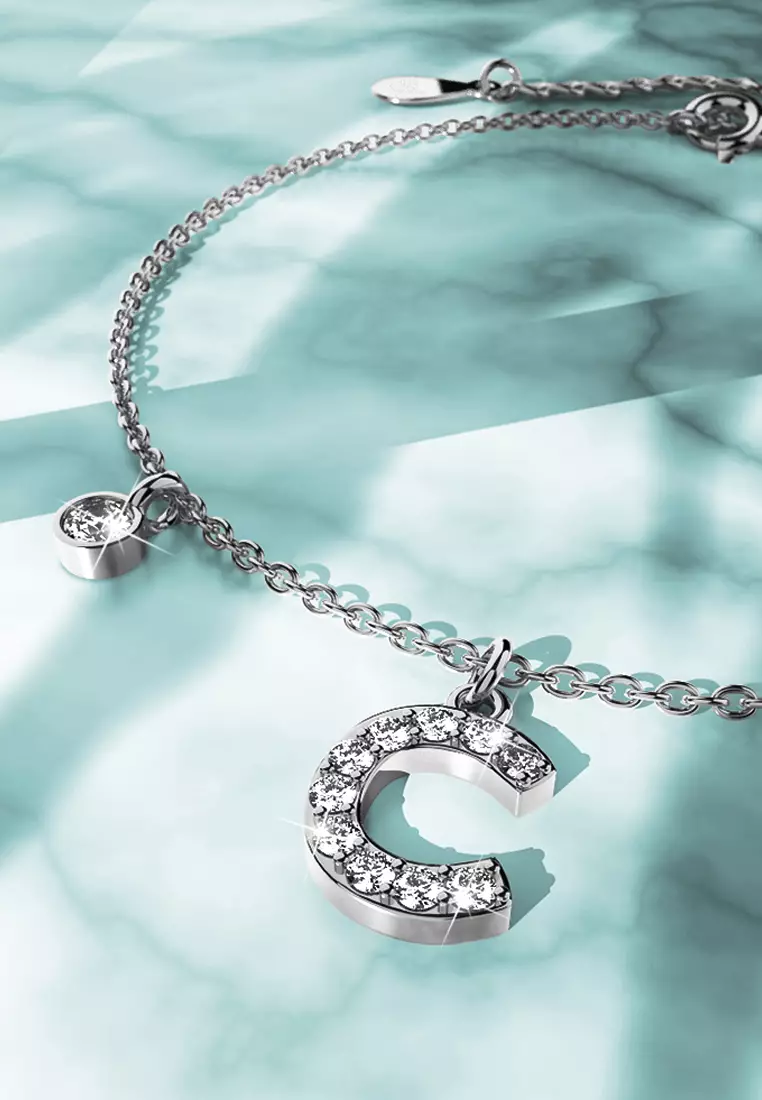 Solid 925 Sterling Silver Initial Crystal Personalised Alphabet Letter Bracelet Silver- C