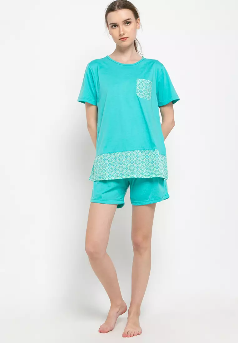 Pyjama Short Sleeve Short Pants Flower Pocket Sleepwear