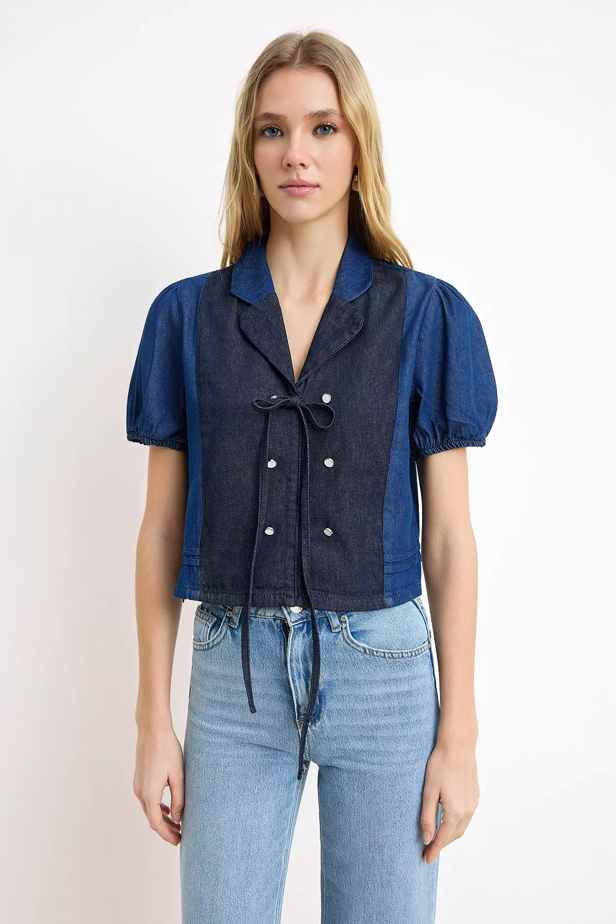 Nasiba Hafiz X Trendyol Collection Balon Sleeve Color Block Denim Blouse Twoss26Bz423