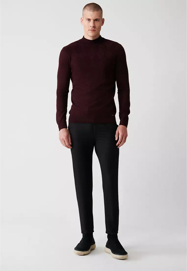 Men's Burgundy Half Turtleneck Wool Blended Front Patterned Knitwear Sweater A32Y5193