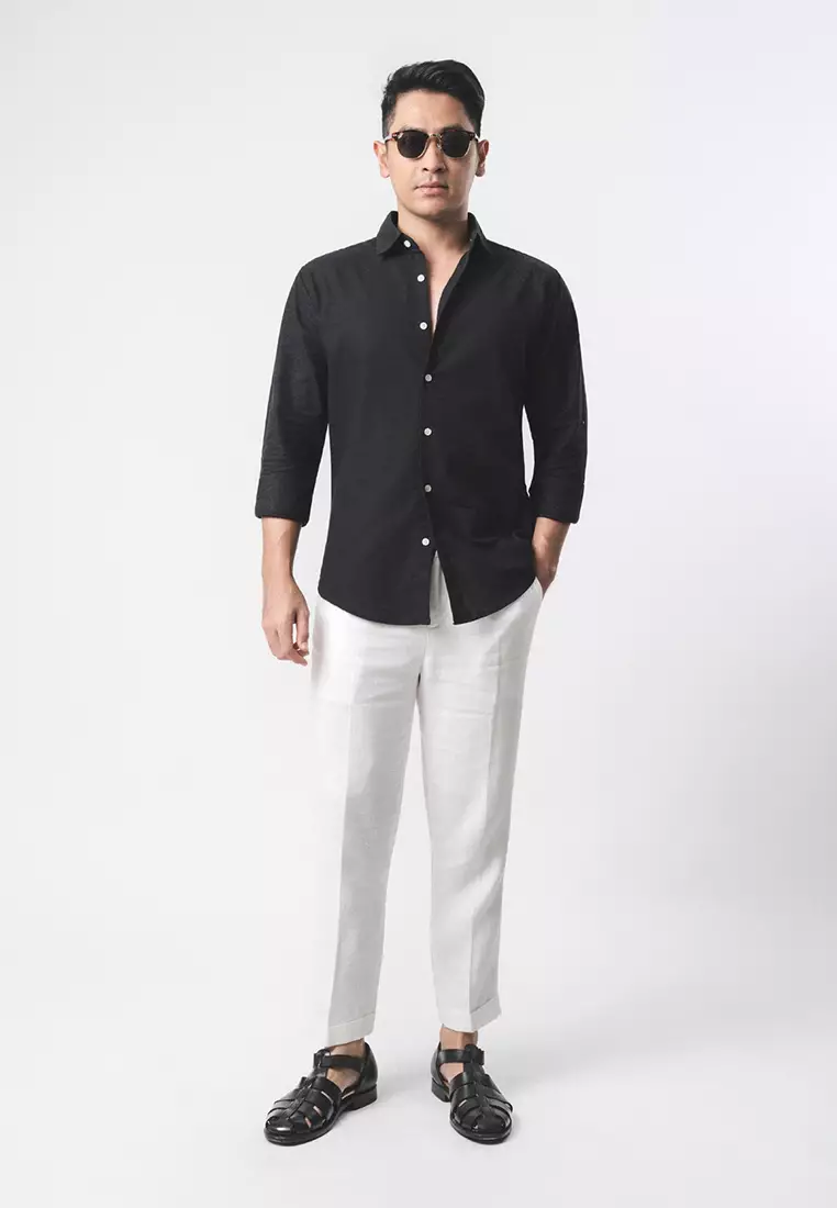 Linen Blend Slim Fit Shirt - Black LS