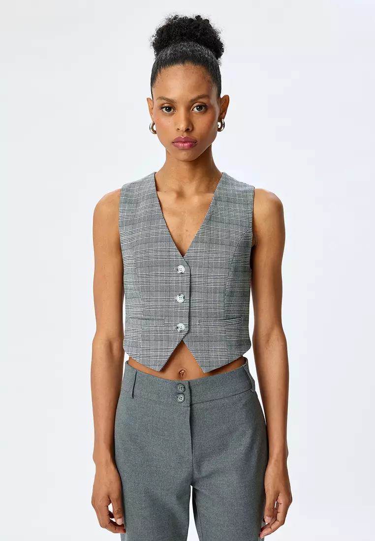 V-Neck Viscose Blend Slim Fit Plaid Sleeveless Crop Vest With Pocket