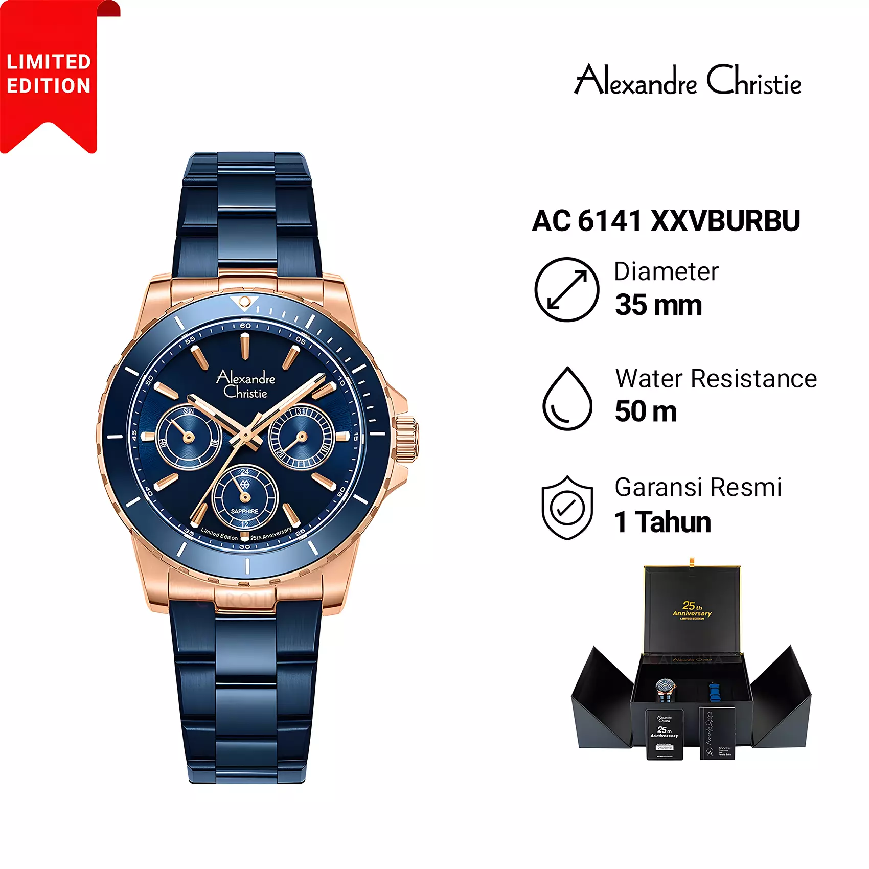 Alexandre Christie 25th ANNIVERSARY Limited Edition - Jam Tangan Chronograph Wanita - Blue Rose Gold - All Stainless Steel - 6141 XXVBURBU
