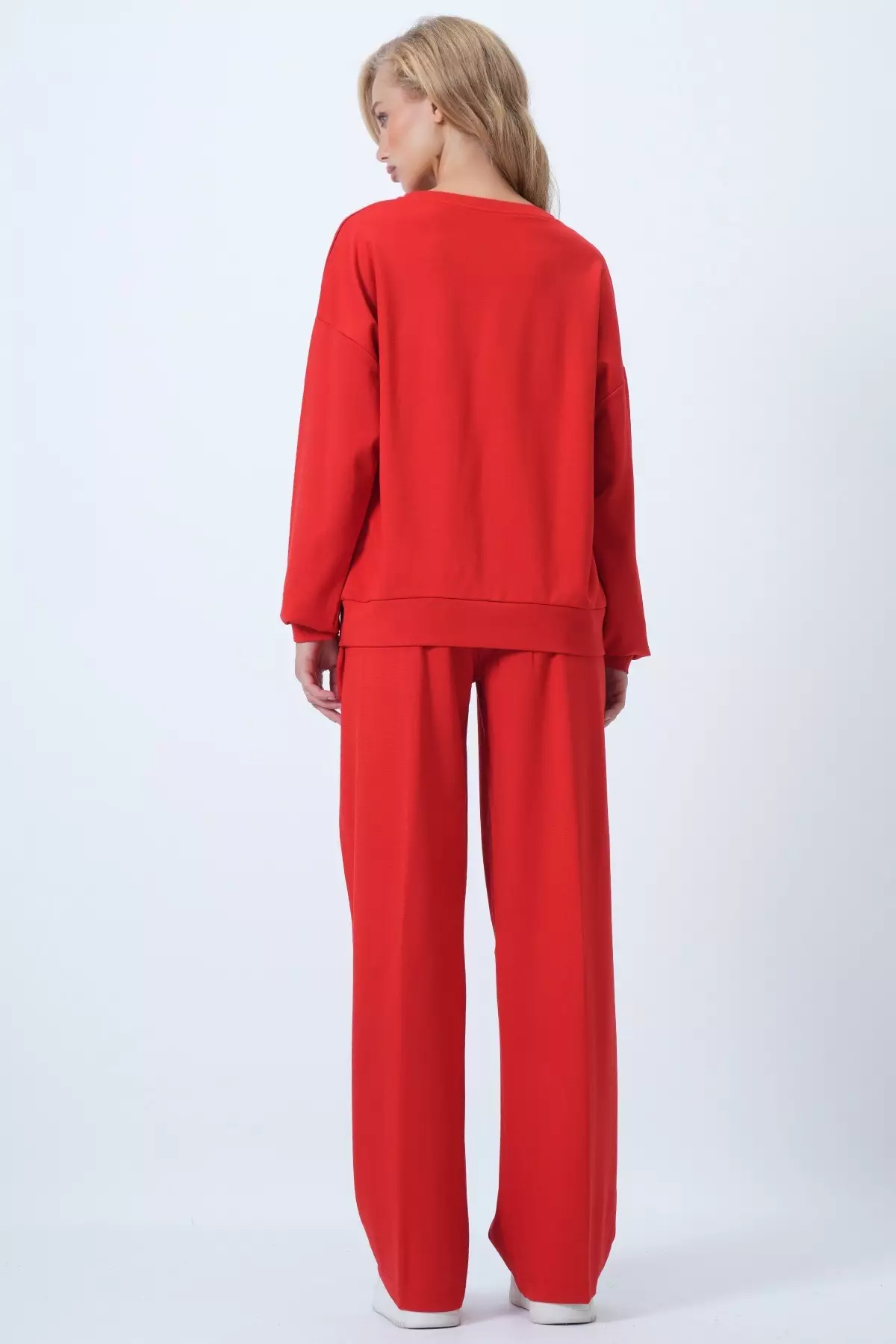 Red Crew Neck Blouse With Ribbed Front And Double Pocket Trousers Set Alc-X14543