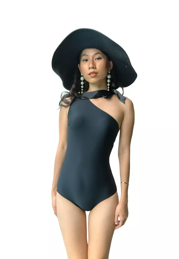 Marilyn One Shoulder Toga Swimsuit with Ribbon in Black