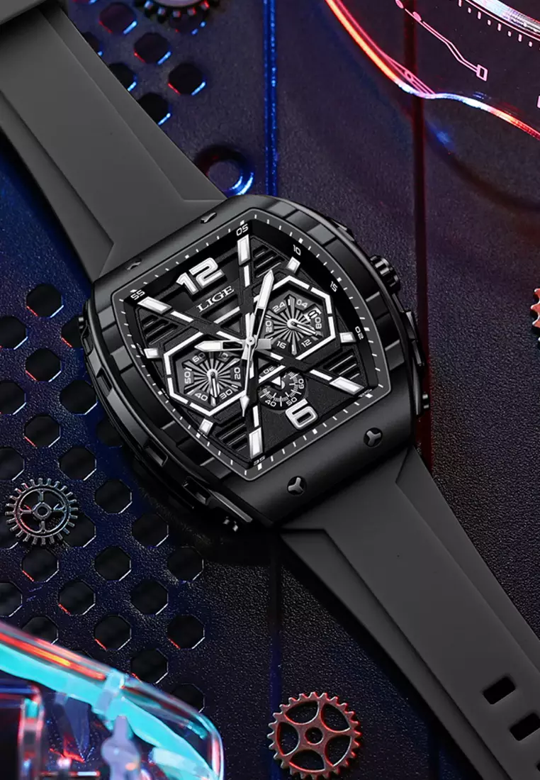 Unisex Tonneau Shaped IP Black Quartz Watch on Rubber Strap