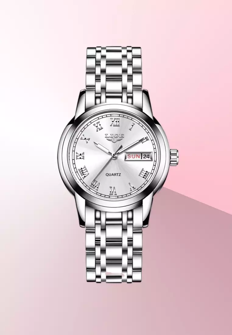 Ladies Day/Date Light Metal Alloy Quartz Watch, 31mm Diameter, Stainless Steel Bracelet