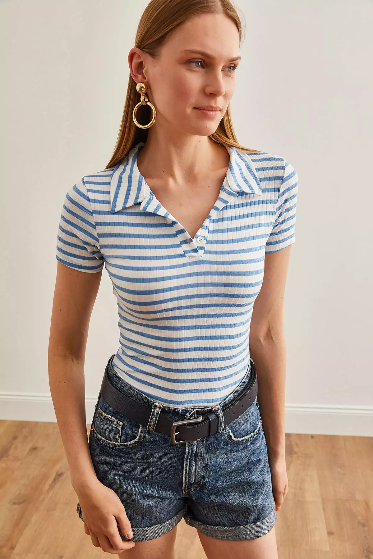 Baby Blue Polo Collar Lycra Women's Blouse - Thick Striped, Buttoned Blz-19002558