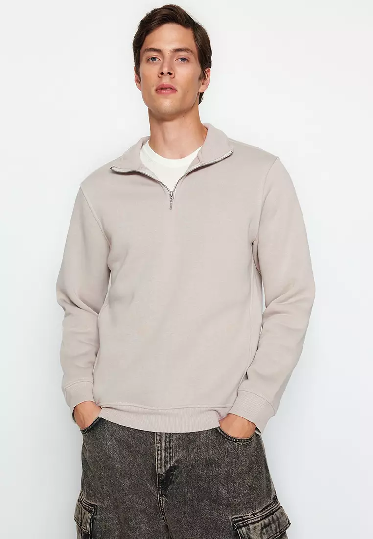 Grey Regular/Normal Cut Stand Collar Zippered Cotton Basic Inside Polar Fleece Sweatshirt TMNAW24SW00041