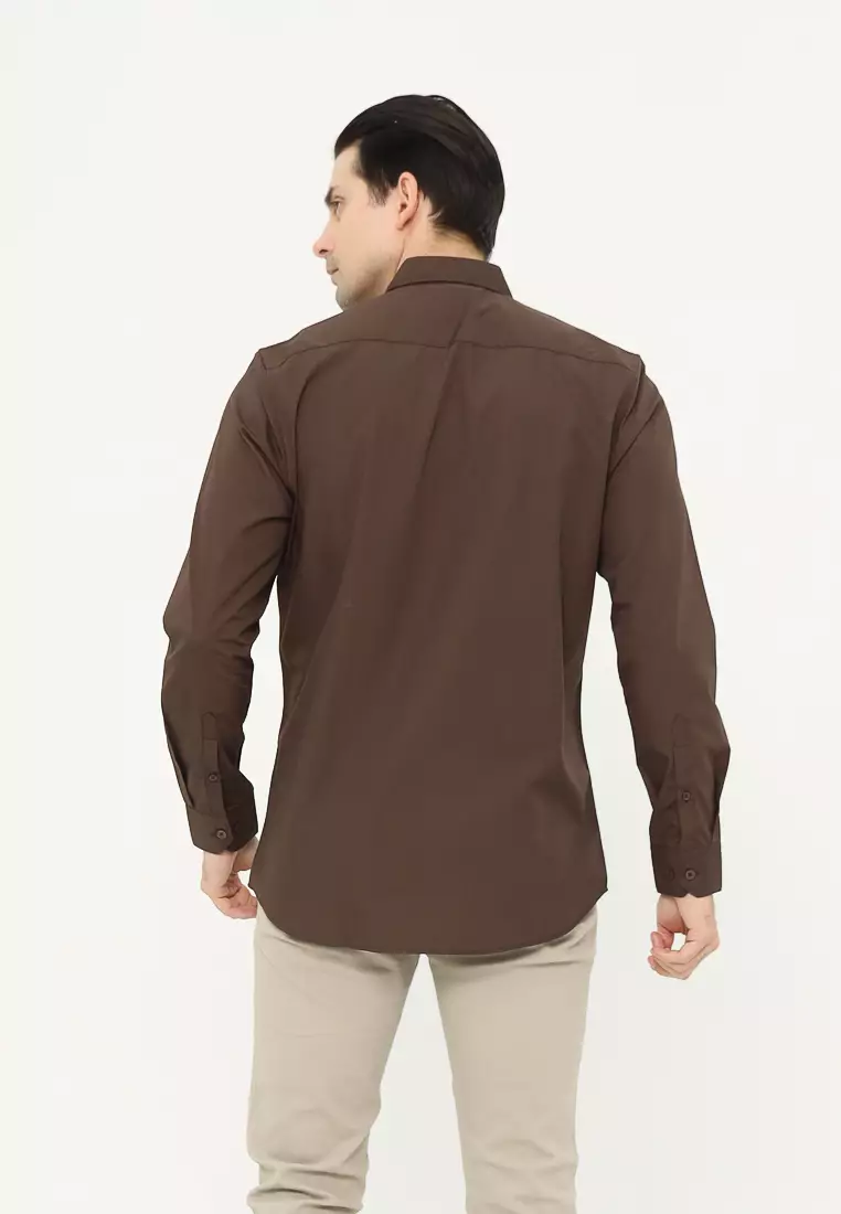 MAGINOT Kemeja Pria Basic Polos Panjang DARK CHOCOLATE