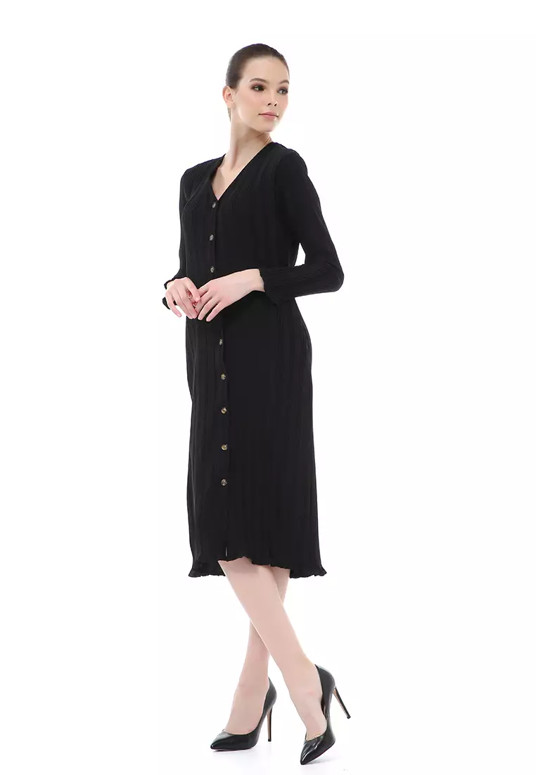 Rachel Dress Wanita Model Rempel Long Sleeve Side Pockets Material Crepe ORIGINAL - Black