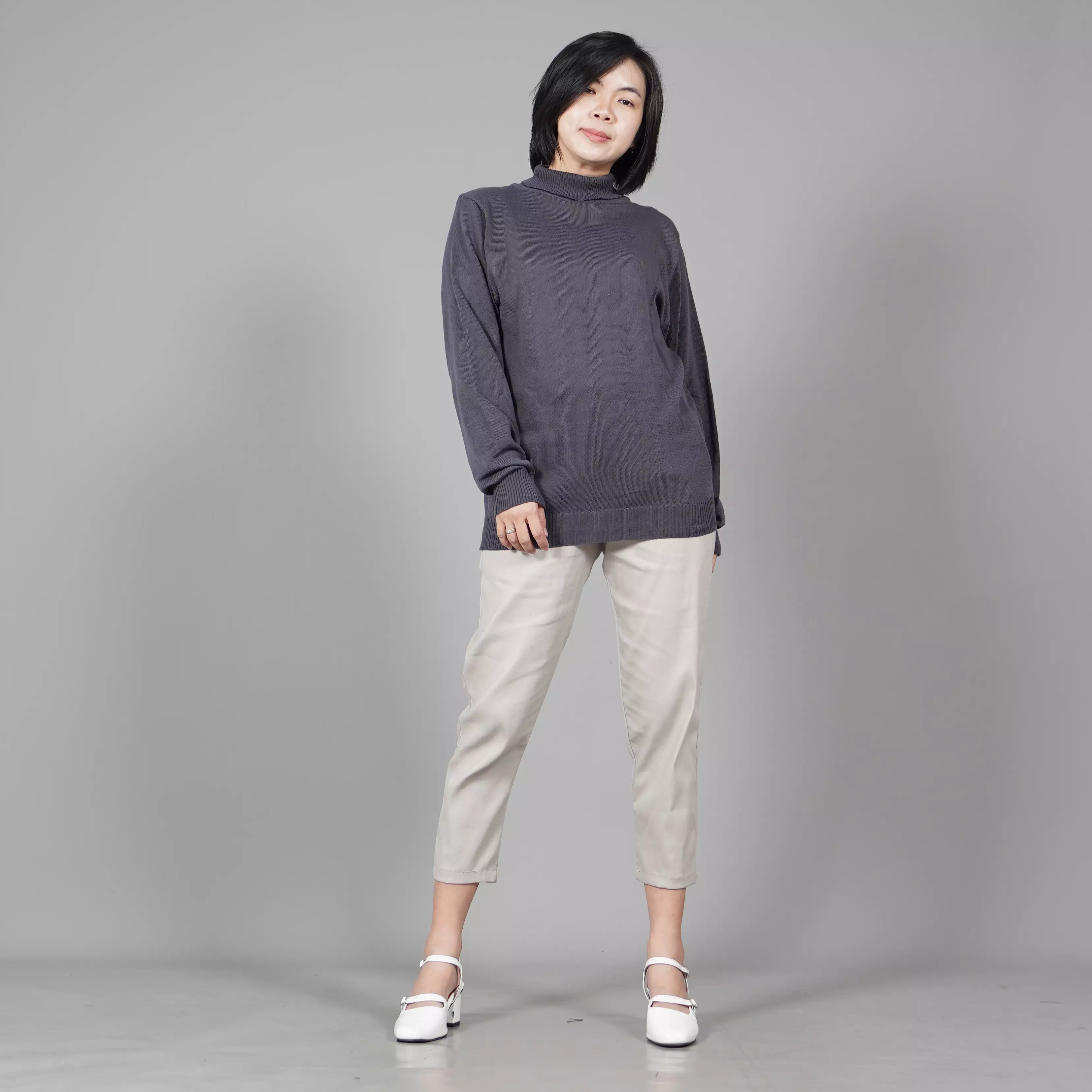  JEHOON High Neck Knit Outer Wanita Knit Turtle Neck Wanita Sweater Rajut - ABU TUA