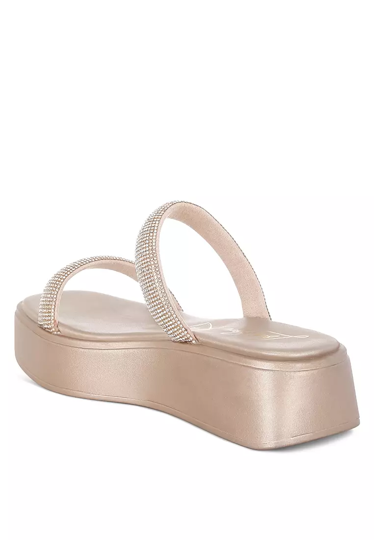 Sandal Platform Berhias Berlian Imitasi Tebal Warna Emas Mawar