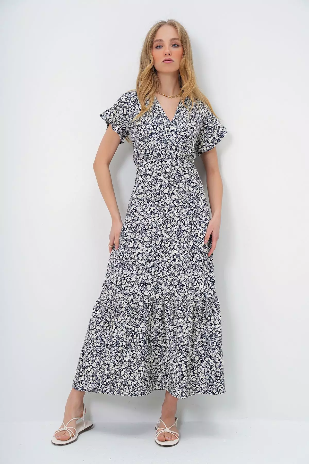 Navy Blue Patterned Maxi Short Classic Maternity Dress