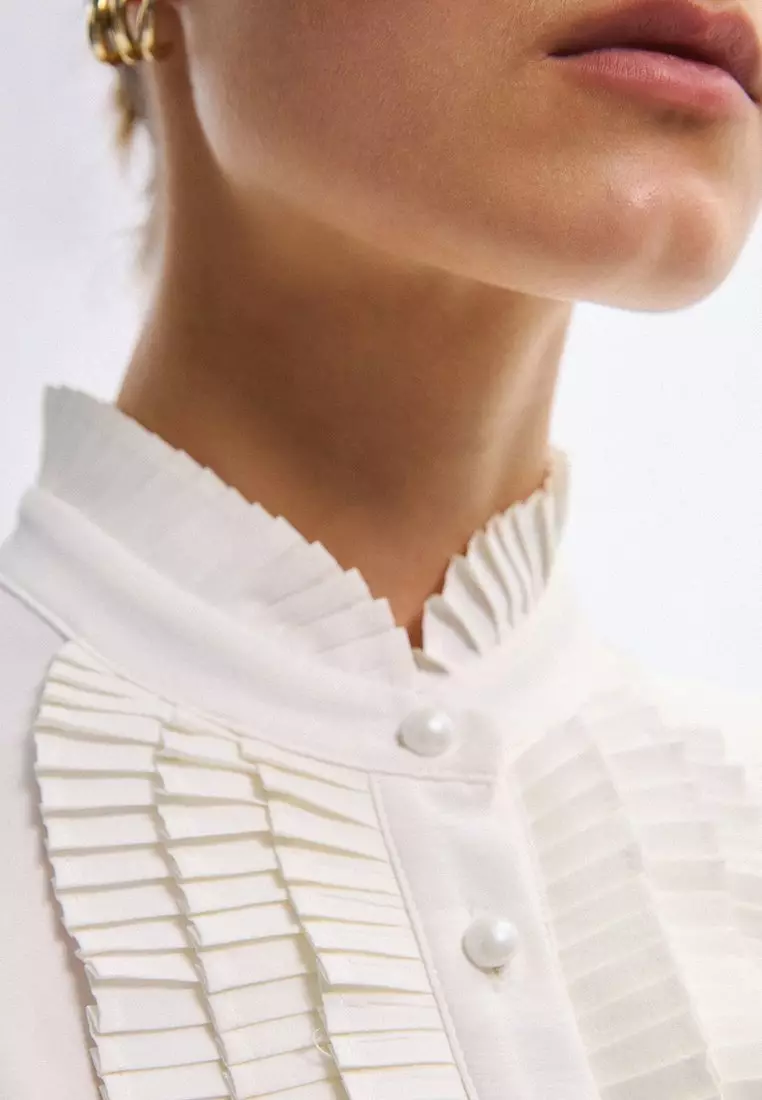 Ruffled Placket Top - White