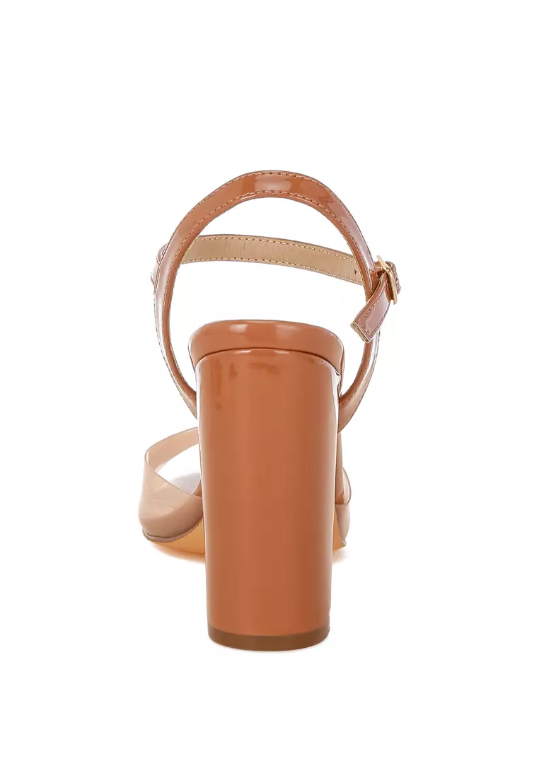 Tinted Clear Strap Block Heel Sandals in Tan